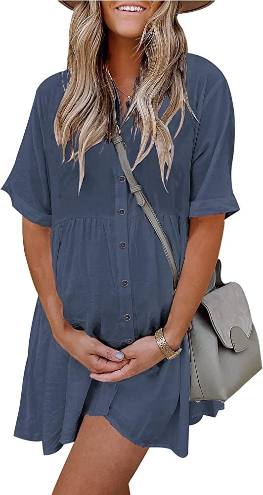 PYGFEMR Women's Short Sleeve Babydoll Dress Button Down Dresses with Pockets | Amazon (US)