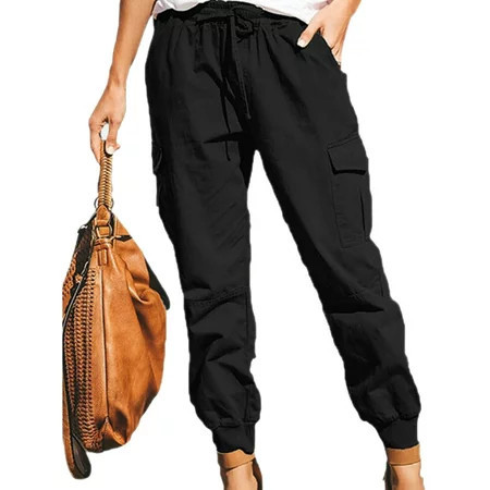 POTETI Black Women s Cargo Pants Taper Ankle Length High Waisted Casual Bandage Women s Plus Size Pants with Pockets | Walmart (US)