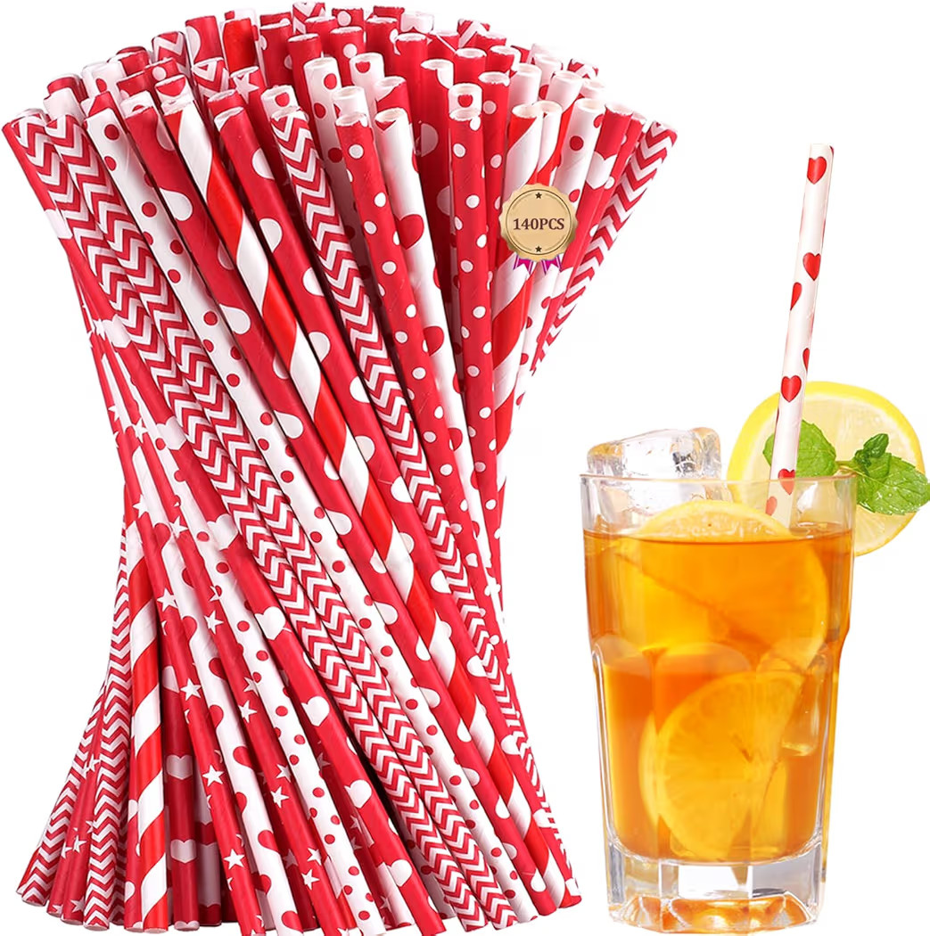 [140 Pack] PakTalk Valentine Straws, 7 Assorted Red and White Straws Red White Striped Dot Wave S... | Amazon (US)
