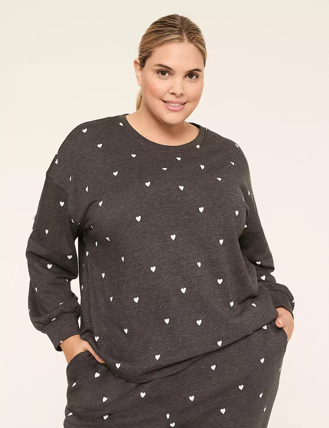LIVI French Terry Heart Print Crew-Neck Sweatshirt | Lane Bryant (US)