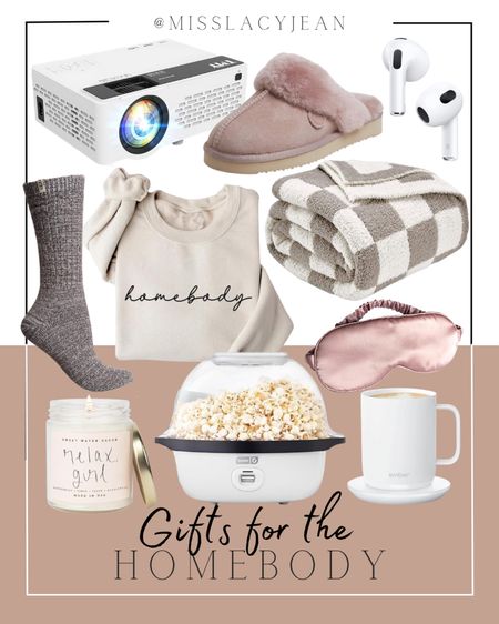 Gifts for the homebody include popcorn maker, ember mug, cozy blanket, eye mask, candle, cozy socks, homebody crew neck, slipper, AirPods, projector.

Gift guide, gifts for her, gifts for the homebody, cozy gifts

#LTKGiftGuide #LTKHoliday #LTKfindsunder50