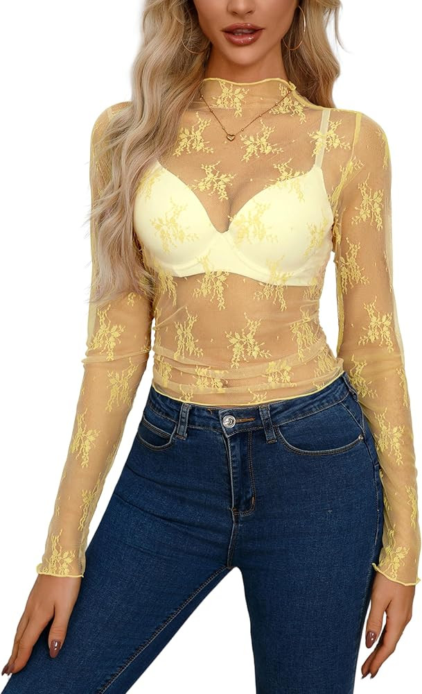 AISEW Womens Mesh Sheer Long Sleeve Crop Tops Mock Neck Sexy See Through Tee Shirts Lace Floral Y... | Amazon (US)