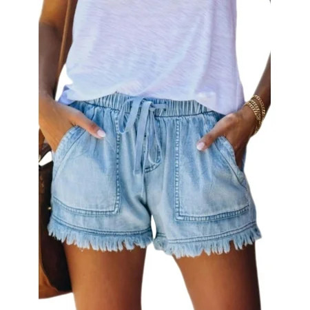 Avamo Women Casual Drawstring Elastic Waist Denim Shorts Wide Leg Pants Street style Pockets Tassel  | Walmart (US)