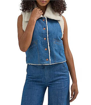 WranglerÂ® Denim Sleeveless Cropped Button Front Sherpa Lined Vest - L | Dillard's