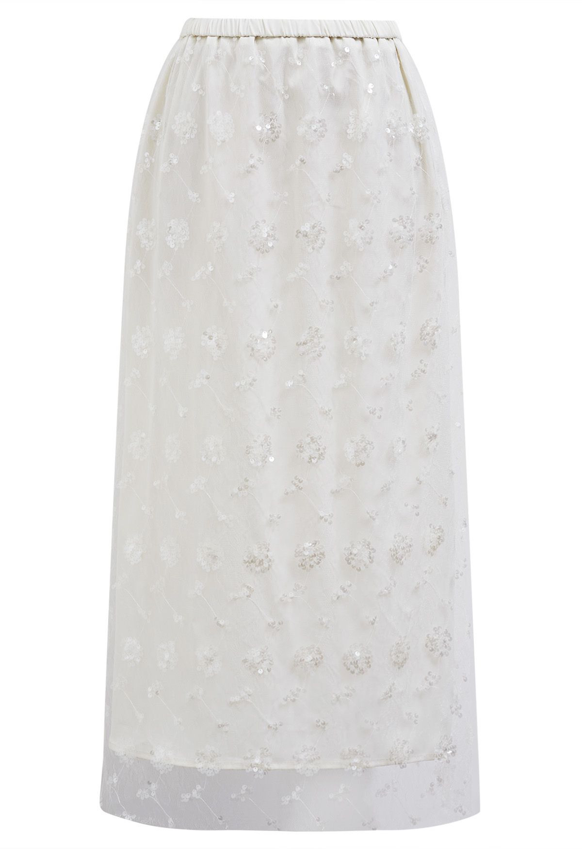 Sequined Dandelion Mesh Midi Skirt in Ivory | Chicwish