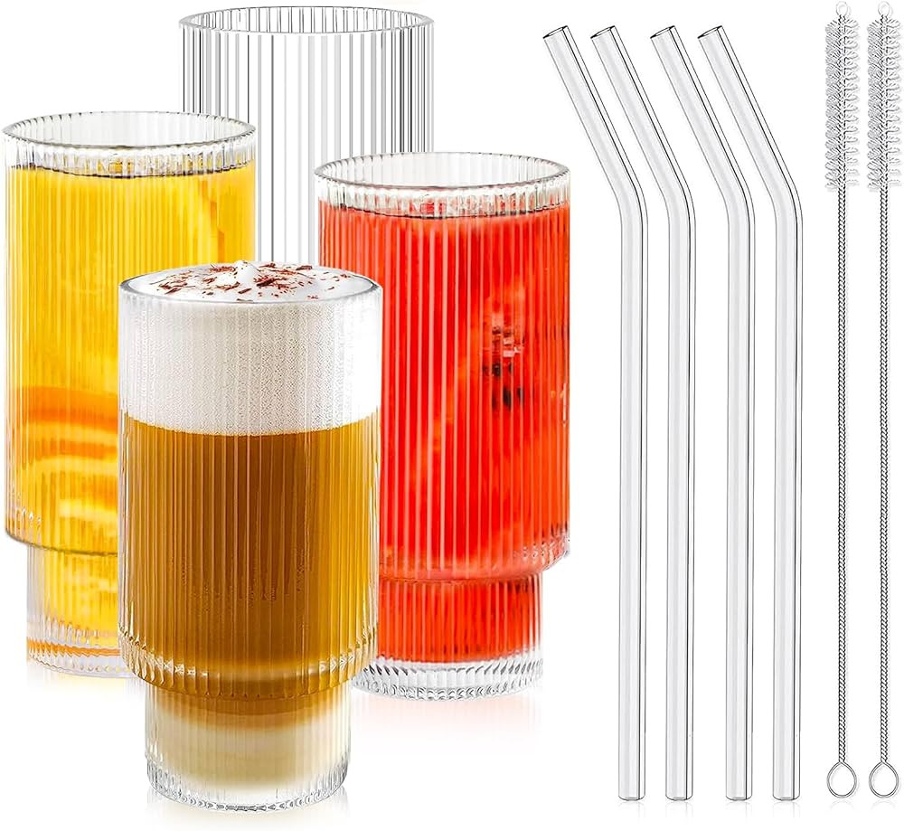 DUNSOO 4er Cocktail Gläser Set, 350ml Glas mit Strohhalm, Geriffelte Gläser für Cocktails, Was... | Amazon (DE)