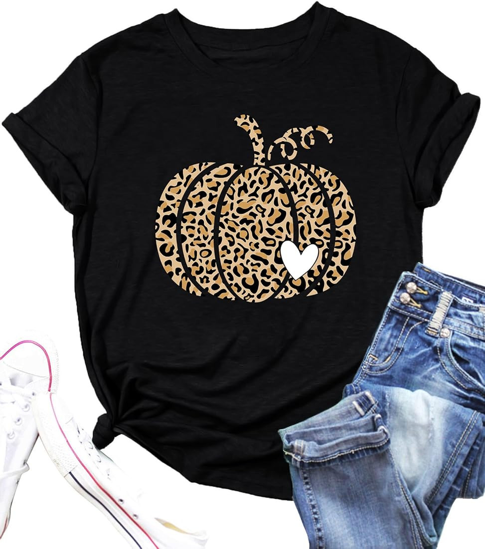 Hello Fall Shirts for Women Leopard Pumpkin Graphic T-Shirts Funny Thanksgiving Gifts Tee Tops | Amazon (US)
