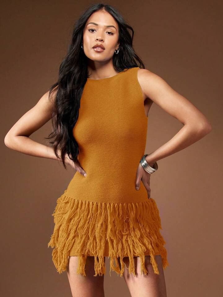 MISSGUIDED Fringe Detailed Hem Sleeveless Mini Dress Cute Sundress | SHEIN