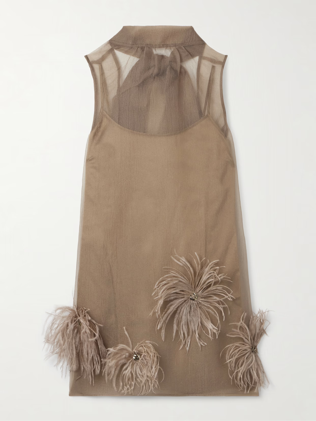 STAUD - Albee Embellished Feather-trimmed Crepon Turtleneck Mini Dress - Brown | NET-A-PORTER (US)