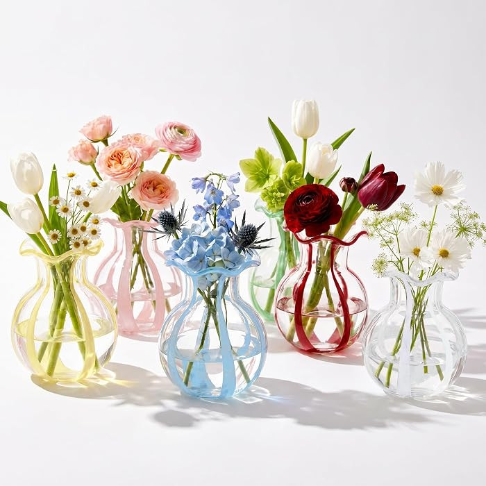 6-Piece 4.5" Ruffled Ribbon Small Vases for Flowers Hand-Blown Glass Vases | Amazon (US)