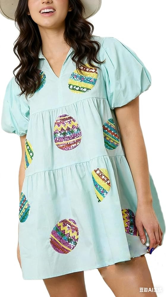 Holiday Sequin Graphic Dress for Women Festival Puff Sleeve Mini T-Shirt Dress Sparkly Glitter Ru... | Amazon (US)