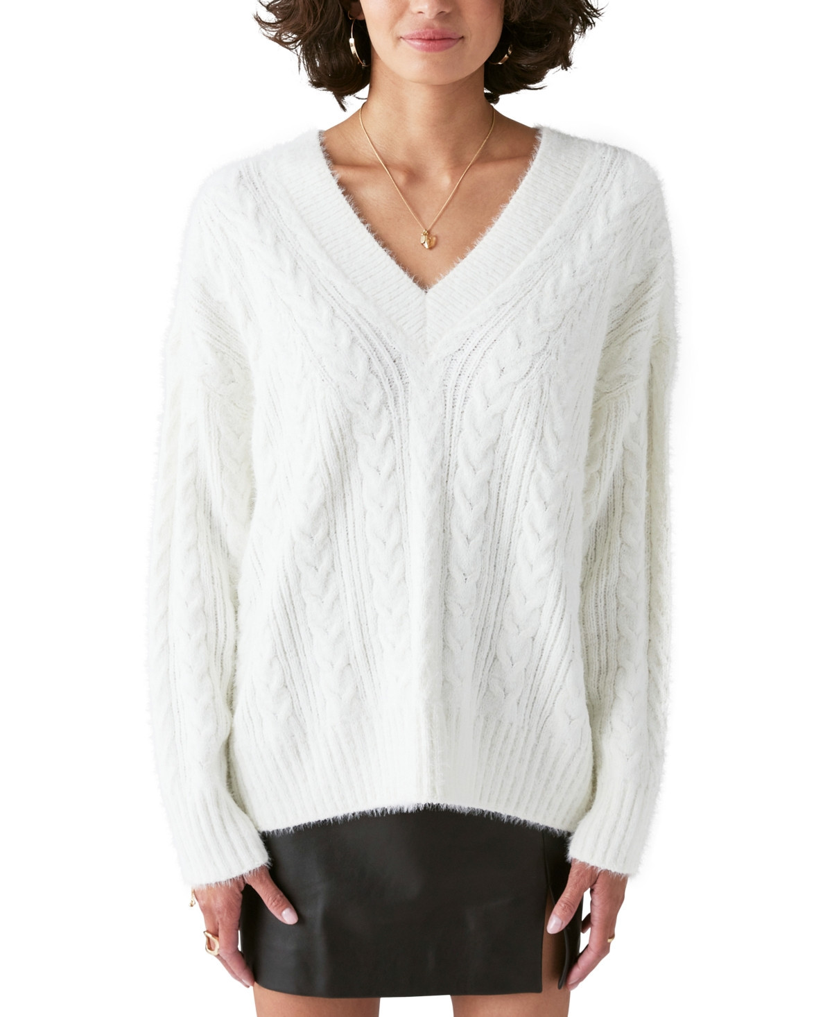 Lucky Brand Women's Cable-Knit V-Neck Eyelash Sweater | Macys (US)