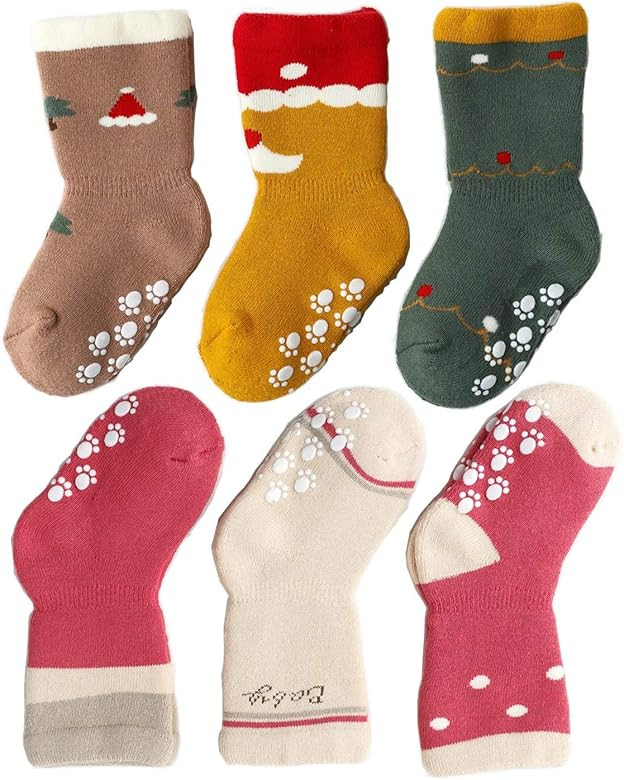 J Poqobog Baby Girl Socks Toddler Boy crew Kids Unisex Warm Thick Cotton Socks Set 6Pack Non Slip... | Amazon (US)