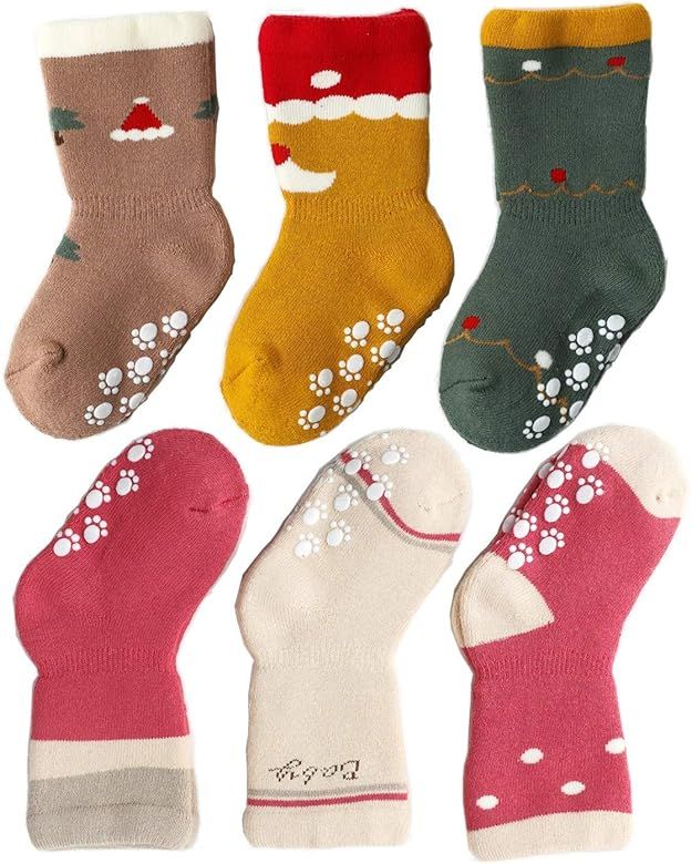J Poqobog Baby Girl Socks Toddler Boy crew Kids Unisex Warm Thick Cotton Socks Set 6Pack Non Slip... | Amazon (US)