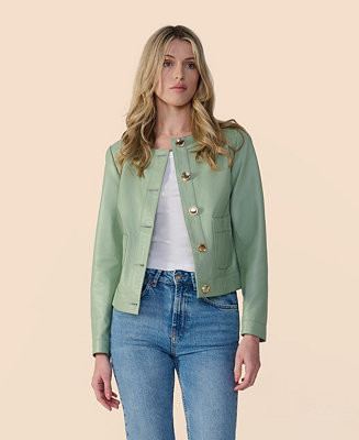 Women's Cropped Leather Jacket With Gold Buttons | Macy's