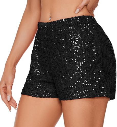 Zando Elastic High Waist Sequins Shorts for Women Solid Glitter Straight Leg Hot Bottom for New Y... | Amazon (US)