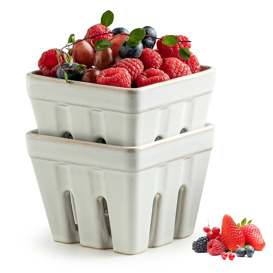 Gomakren Ceramic Berry Basket Set of 2, Square Fruit Bowl with Holes, Small Fruit Basket Containe... | Amazon (US)