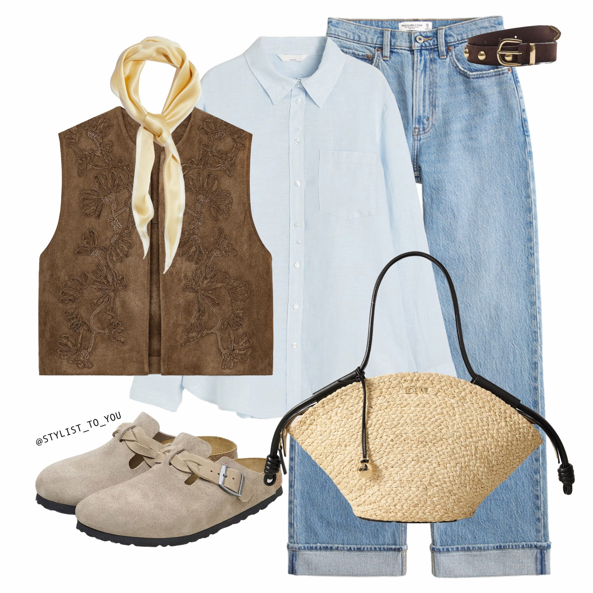 Layering for Spring 🩵

A casual western-inspired outfit featuring a light blue button-down shirt, layered under brown embroidered suede vest, high-waisted light wash jeans with a brown leather stud belt, beige Birkenstock-style Boston braided clogs mules, a Loewe natural raffia straw tote handbag with black leather handles, and a silky yellow neck scarf. fashion western boho chic outfit inspiration casual style denim suede embroidered vintage layering street style effortless aesthetic cozy earthy neutral wardrobe staples Birkenstock accessories trendy timeless relaxed natural cowgirl-inspired modern simplicity classic European influence countryside polished Parisian-inspired streetwear versatile everyday outfit handbag scarf ss25 fashion texture soft fabrics

#LTKuk #LTKspring #LTKeurope