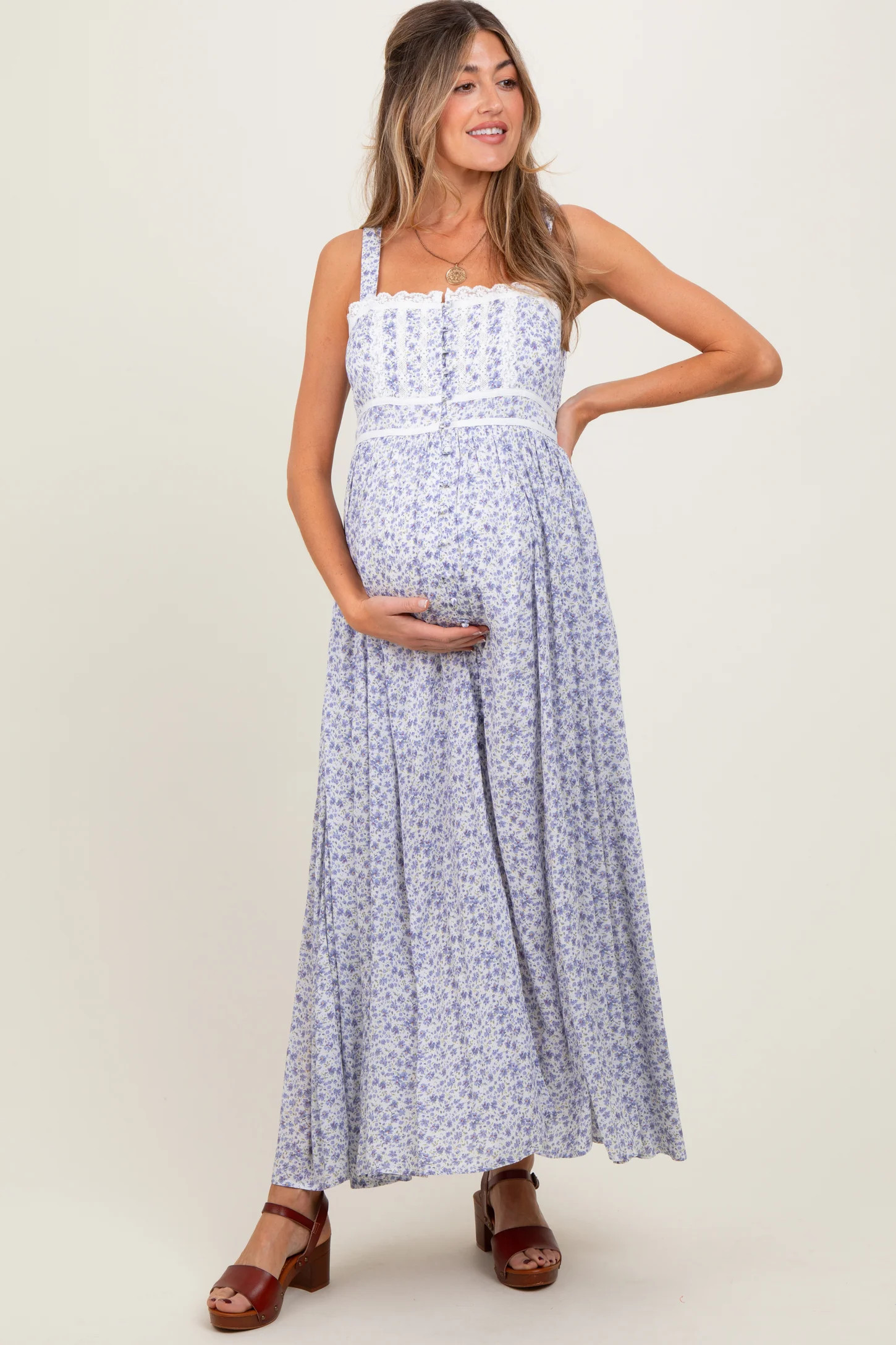 Light Blue Floral Button Down Sleeveless Maternity Maxi Dress | PinkBlush Maternity