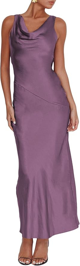 Women's 2026 Summer Satin Backless Elegant Dress for Wedding Guest Silk Sleeveless Cowl Neck Part... | Amazon (US)