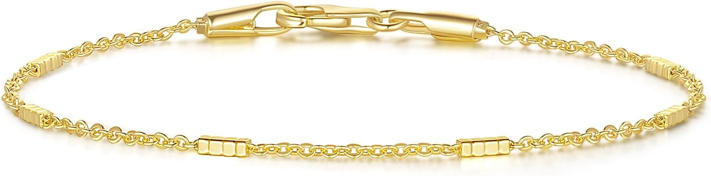 14k Gold Bracelets for Women Men Bracelet Small Square Pillar Bracelet Station Chain Bracelet Cha... | Amazon (US)