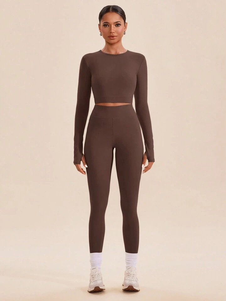 SHEIN VARSITIE Women Solid Color Round Neck Long Sleeve Crop Top & Leggings Sports Set | SHEIN