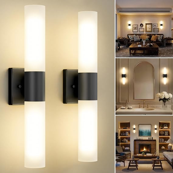 Wall Sconces Set of Two, Modern 21" Vanity, Frosted Glass, Black | Amazon (US)