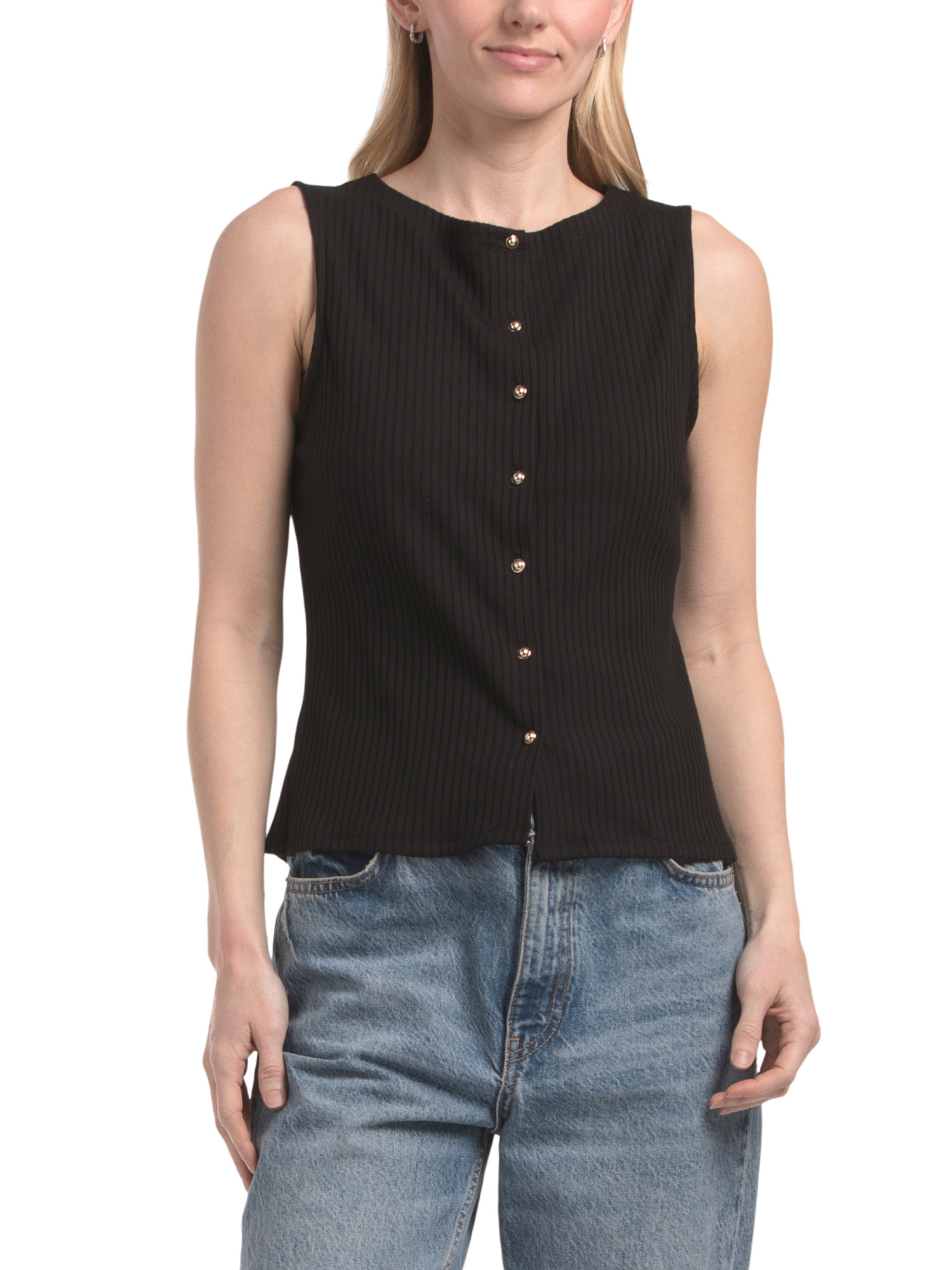 Wide Rib Sleevless Top With Gold Tone Buttons | TJ Maxx