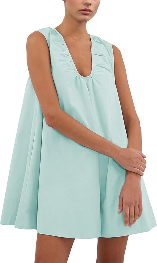 Babydoll Dress for Women Summer Tank Mini Dresses Sleeveless Scoop Neck Ruched Short Sundress wit... | Amazon (US)