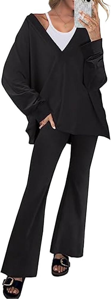 Lviefent Womens Long Sleeve Two Piece Outfits V Neck Reversible Overzised Top Yoga Pants Matching... | Amazon (US)