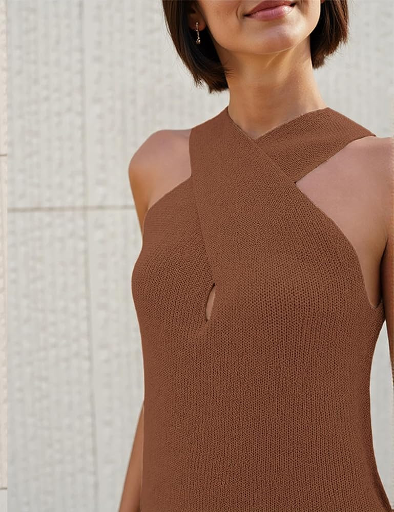 Yeokou Women Halter Cross Over Collar Tank Knit Sleeveless Top Solid Color Casual Summer Blouse | Amazon (US)