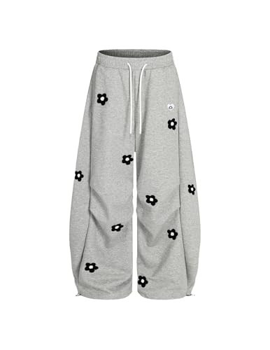 Aelfric Eden Baggy Wide Leg Sweatpants Flower Embroidery Casual Y2K Elastic Drawstring Lantern Barrel Lounge Trouser Pants Grey XS | Amazon (US)