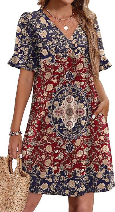 OFEEFAN Summer Dresses for Women Ruffle Short Sleeve V Neck Casual Shift Dress with Pockets | Amazon (US)