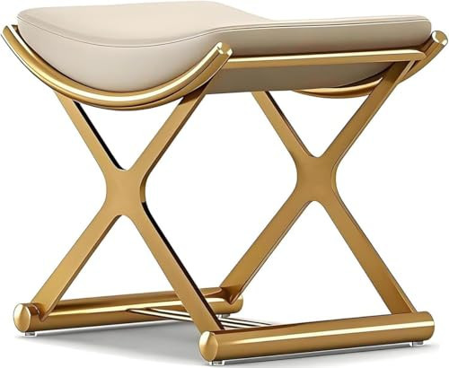 Vanity Stool Chair for Makeup - Small Backless Leather Stool for Vanity - Modern Ottoman Bench Seat with Metal X Legs, Footstool for Bathroom & Living Room - Gold | Amazon (US)