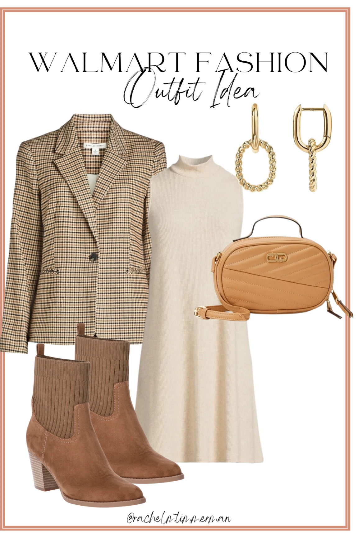 Walmart fashion outfit idea! I love this new plaid blazer. This $12 ribbed mock neck dress will be your layering best friend come fall 🥳 head to toe Walmart look. 

Walmart fashion. Walmart finds. LTK under 50. Blazer. Fall fashion. 