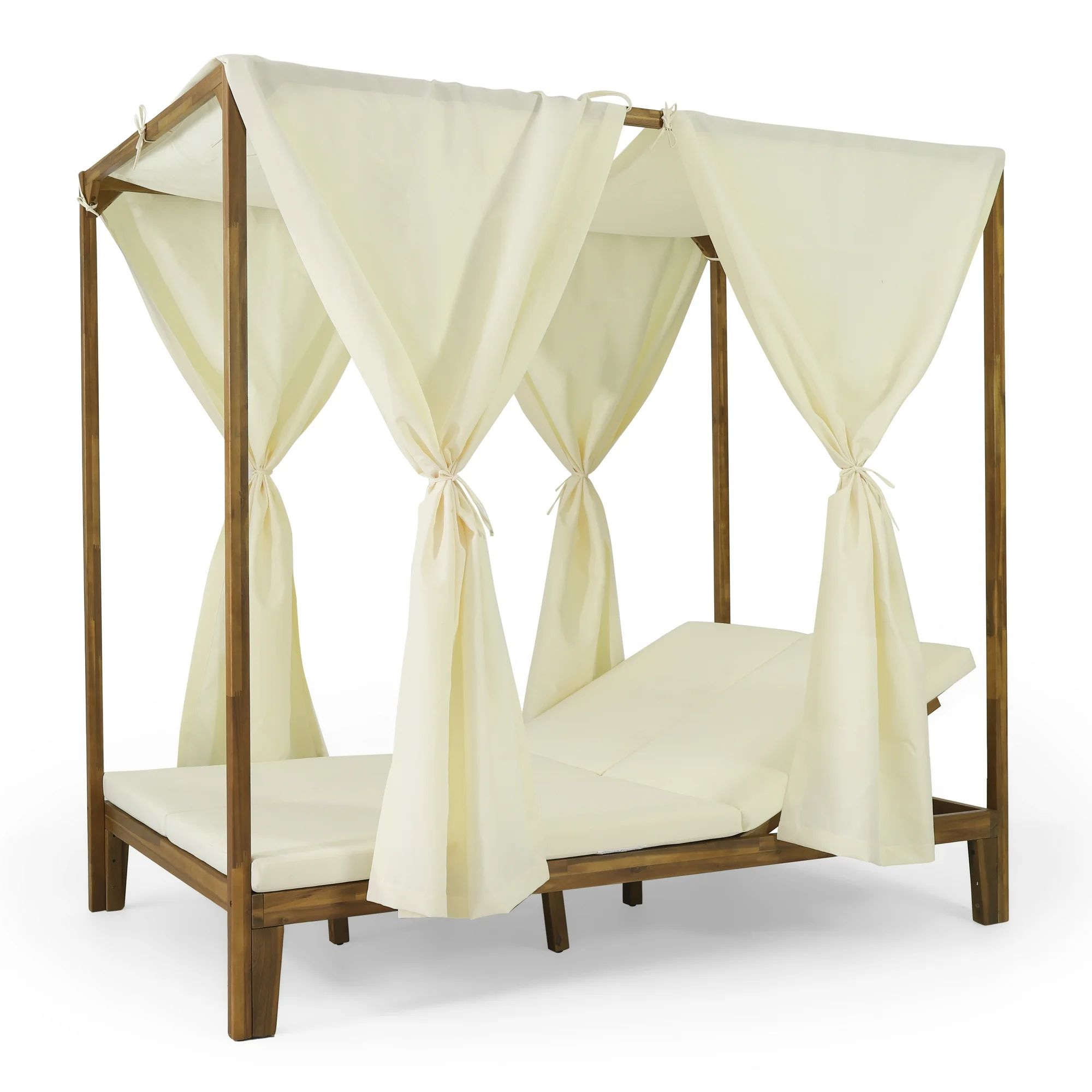 Muntz Acacia Wood Outdoor 2 Seater Adjustable Daybed with Curtains, Teak and Cream | Walmart (US)