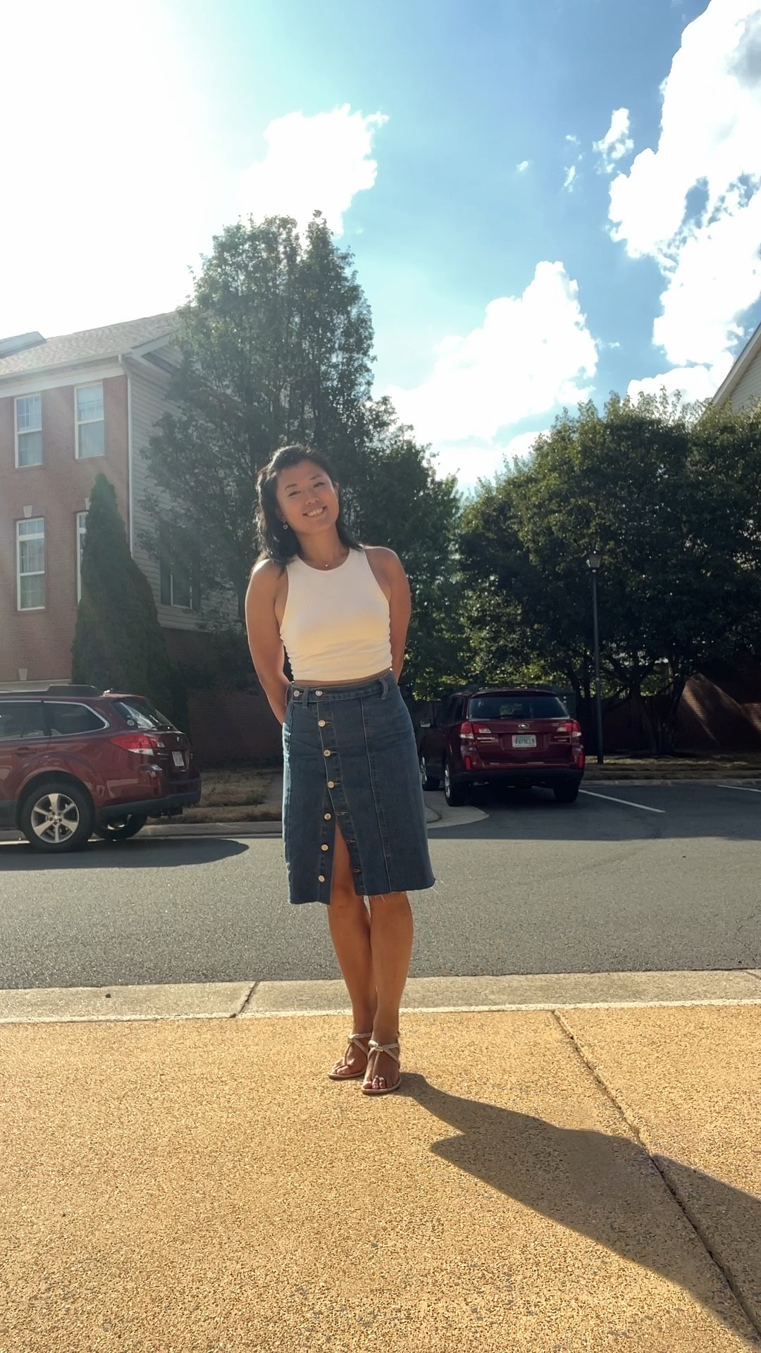 Saturday house showings outfit!! 
Top: klassy network
Skirt: amazon
Sandals: JustFab 
Summer, white racer back, denim button midi skirt, thong sandals, realtor outfit inspo


#LTKxNSale #LTKVideo #LTKSummerSales