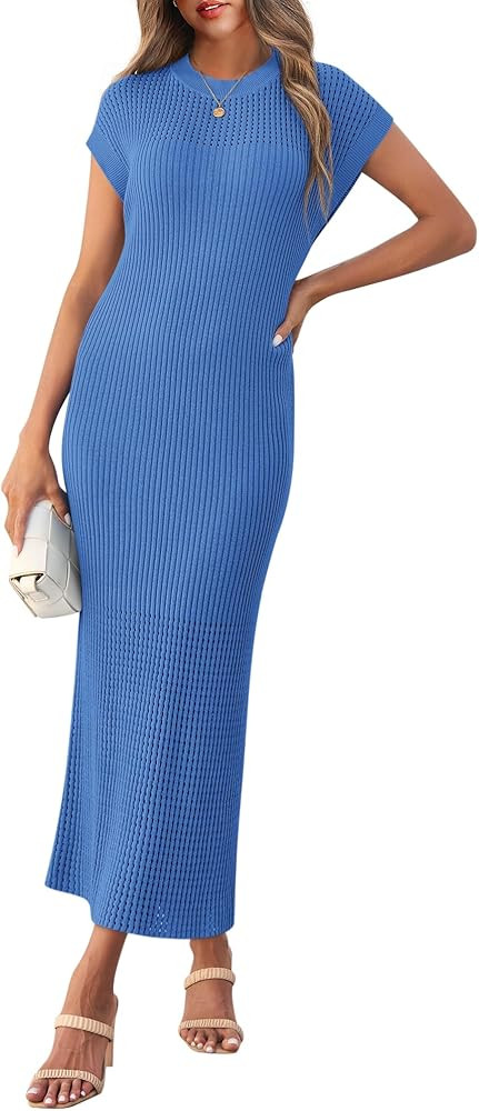 Yousify Womens Ribbed Knit Dress 2025 Trendy Casual Cap Sleeve Crewneck Maxi Dresses S-XXL | Amazon (US)
