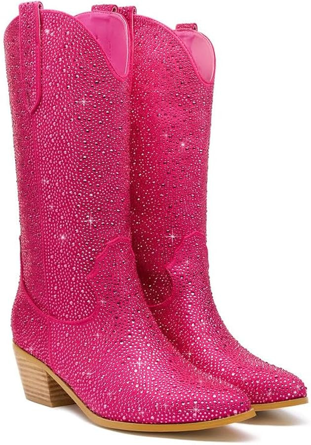 GOSERCE Rhinestone Cowboy Boots Mid Calf Sparkly Cowgirl boots for Women Pointed Toe Low Chunky S... | Amazon (US)