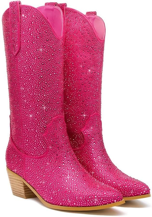 Rhinestone Cowboy Boots Mid Calf Sparkly Cowgirl boots for Women Pointed Toe Low Chunky Stacked H... | Amazon (US)