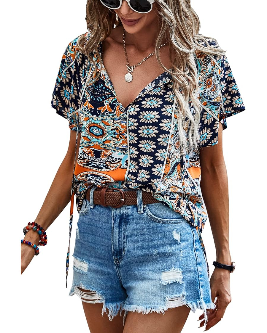 Angashion Women's Summer Tops Casual Floral Print V Neck Ruffle Short Sleeve Loose Tunic T Shirt ... | Amazon (US)