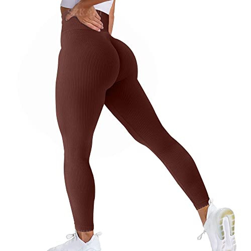 Women Ribbed Seamless Leggings High Waisted Workout Gym Yoga Pants Butt Lifting Tummy Control Tights ((A)-Brown, Small) | Amazon (US)