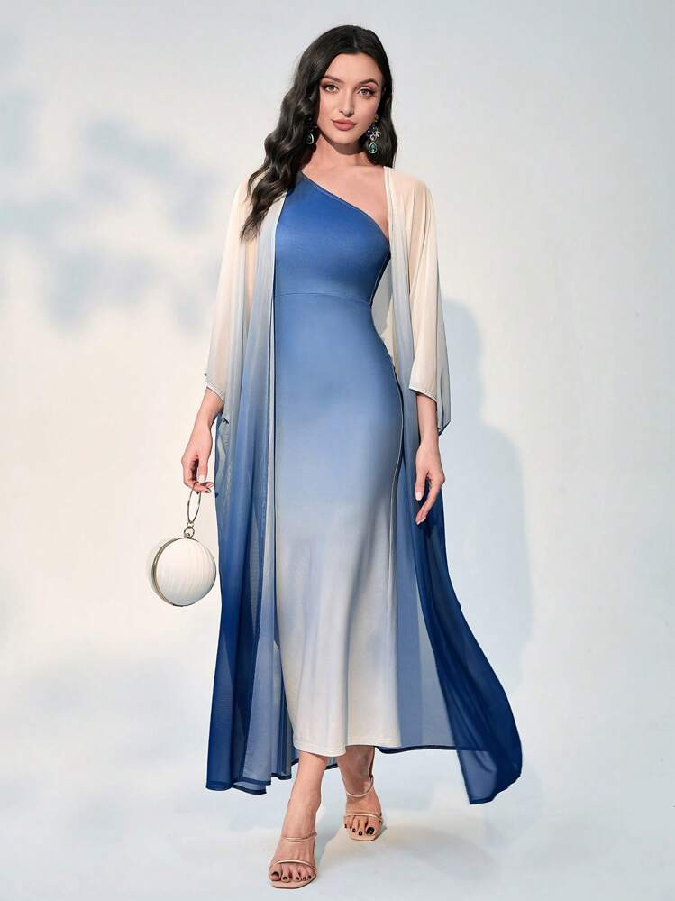 Modelyn Ombre Shoulder Sloping Dress With Coat Evening Dress 2 Piece Set | SHEIN