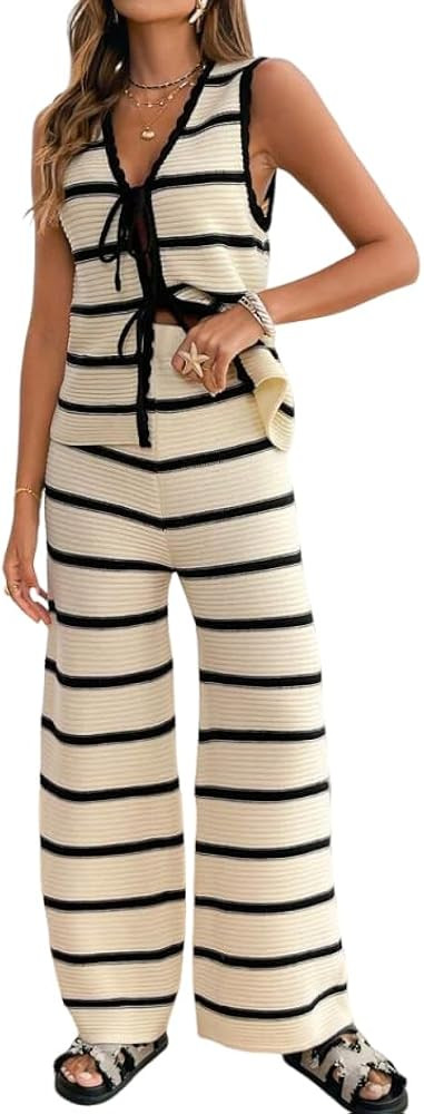 Womens 2 Piece Outfits Striped Knit Sets V Neck Tie Front Vest and Pants Matching Lounge Set | Amazon (US)