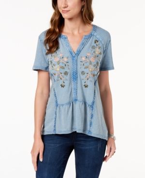 Style & Co Embroidered Cotton Split-Neck Top, Created for Macy's | Macys (US)