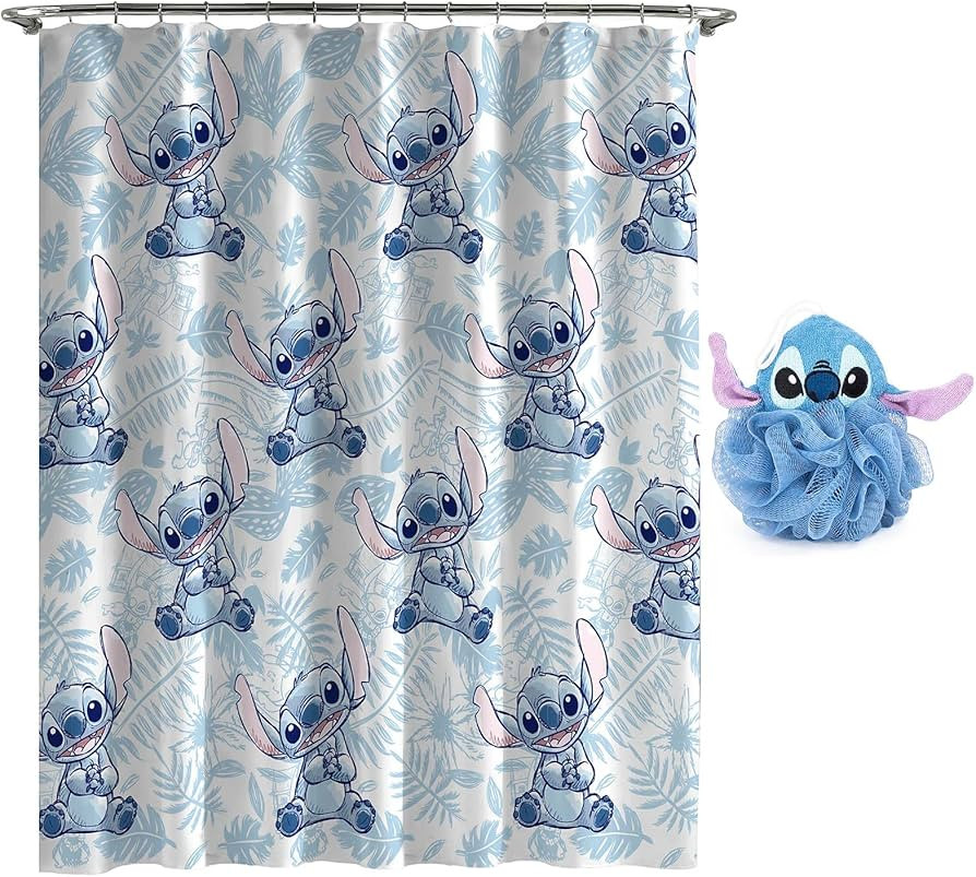 Disney Lilo & Stitch 2 Piece Bathroom Set – White & Blue Floral Shower Curtain & Loofah Body Sc... | Amazon (US)