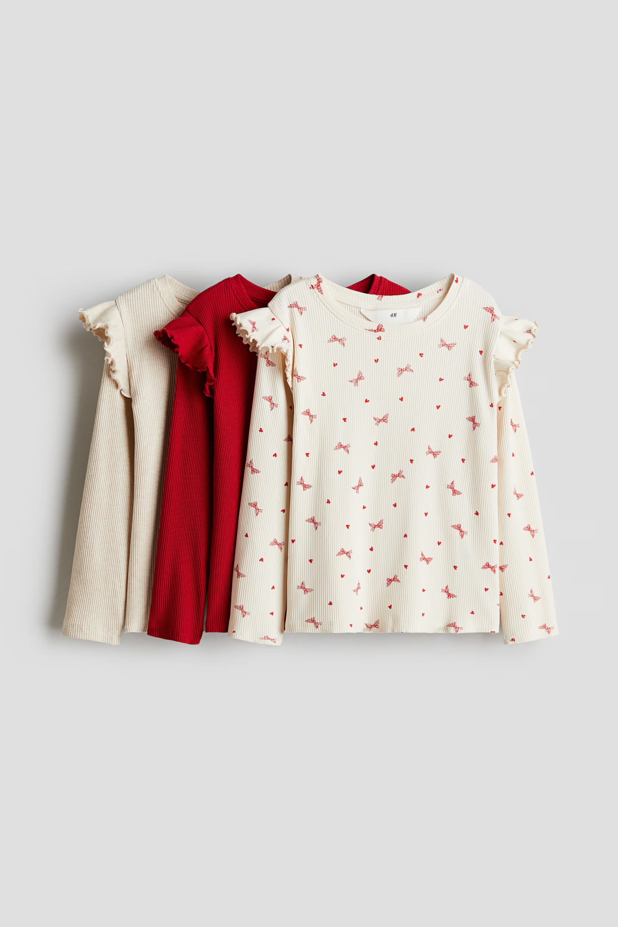 3-pack Ruffle-Trimmed Jersey Tops - Cream/bows - Kids | H&M US | H&M (US + CA)