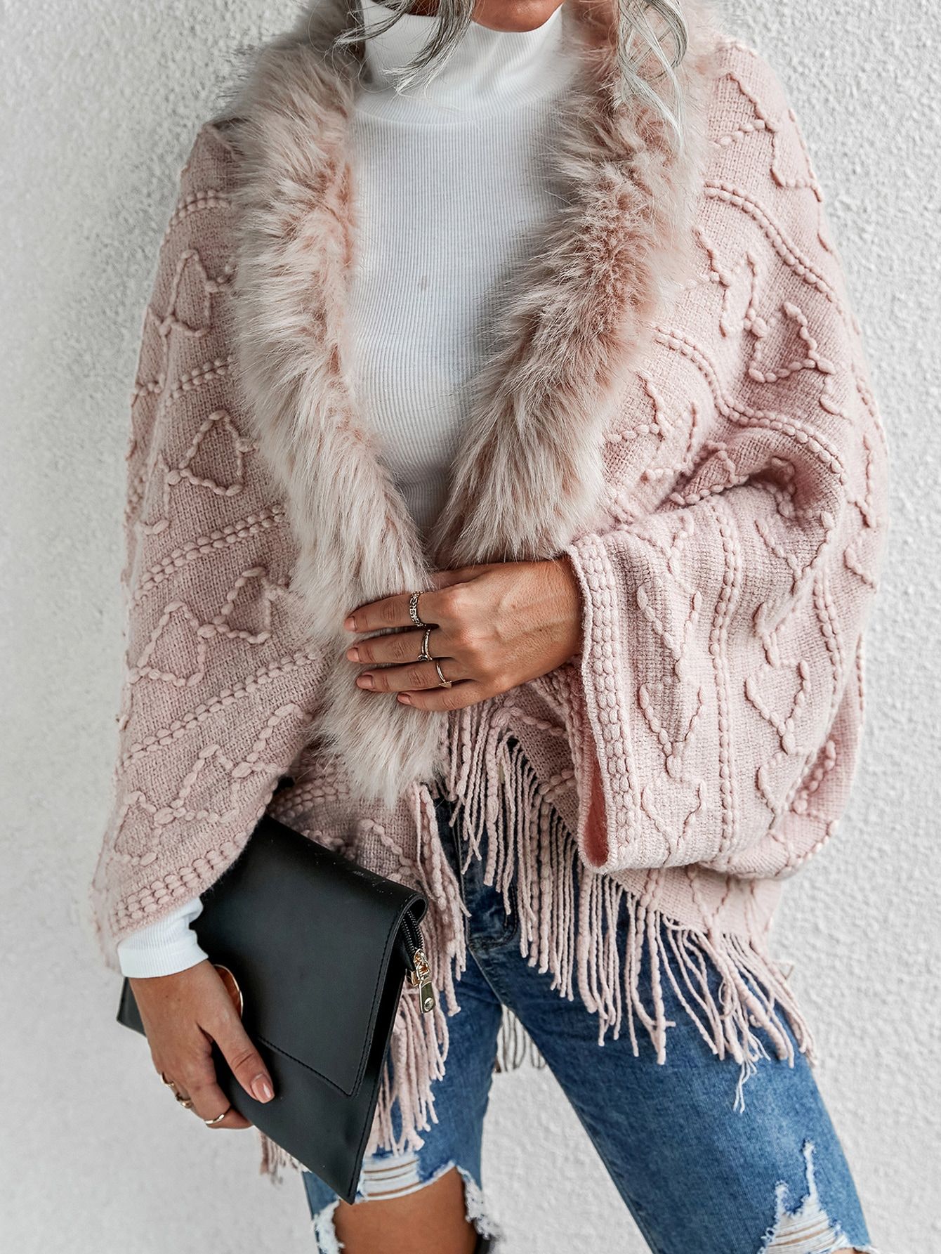 Fuzzy Trim Textured Knit Cardigan | SHEIN