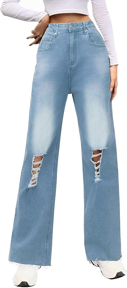 Genleck Women Loose Ripped Boyfriends Jeans High Waist Baggy Denim Pants Distressed Wide Leg Jean... | Amazon (US)