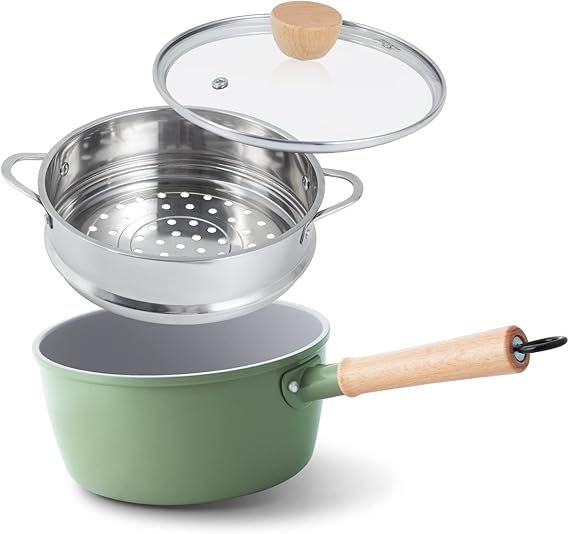 ROCKURWOK Ceramic Nonstick Sauce Pan, 3 QT Pot with Steamer, Non Toxic & PFAS-Free, Wooden Handle... | Amazon (US)
